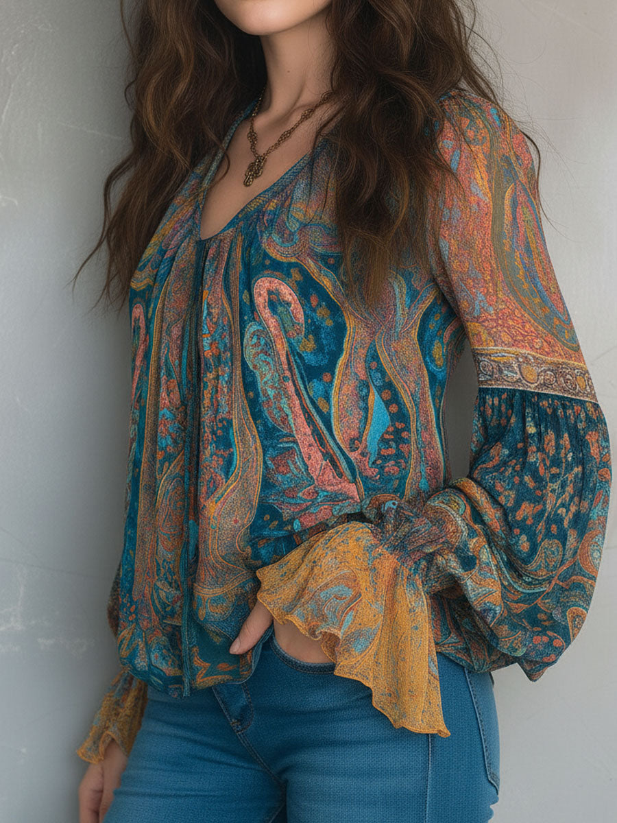 Hilary | Bohemian Teal and Amber Paisley Blouse with Ruffled Cuffs