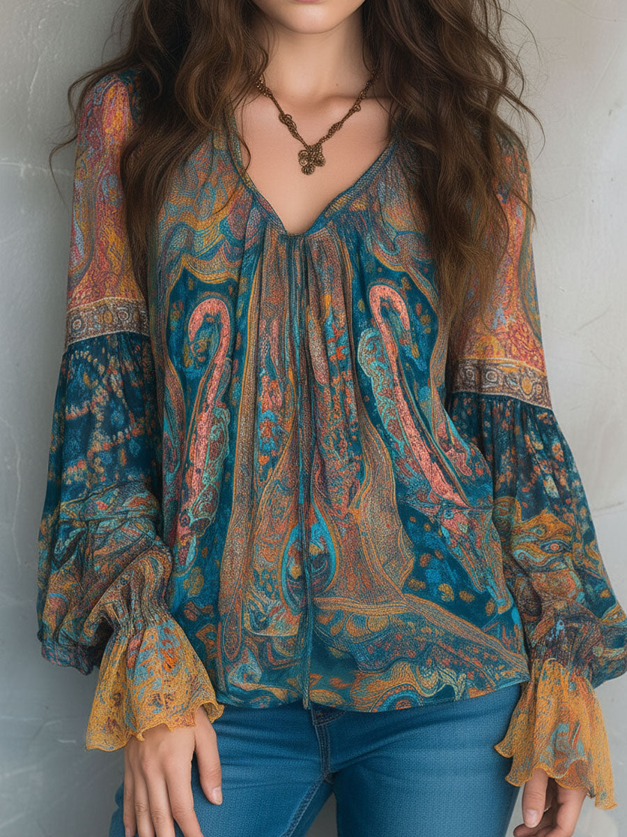 Hilary | Bohemian Teal and Amber Paisley Blouse with Ruffled Cuffs
