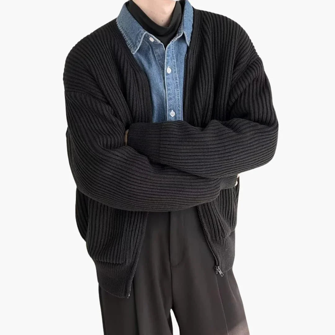 Men's zip cardigan in chunky rib knit, collarless crew neck and two patch pockets, 5 colours, sizes XS to 3XL