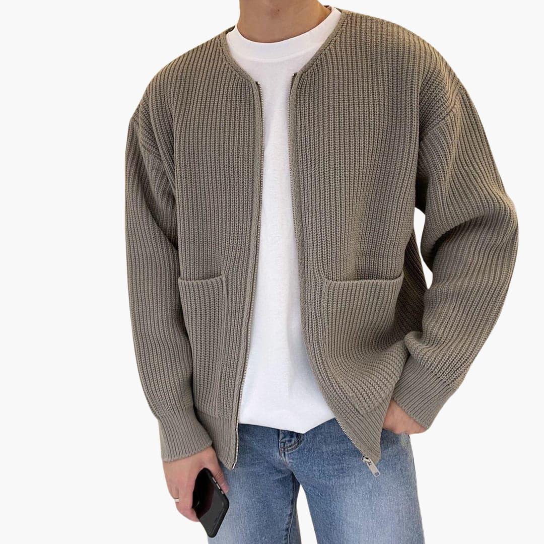 Men's zip cardigan in chunky rib knit, collarless crew neck and two patch pockets, 5 colours, sizes XS to 3XL