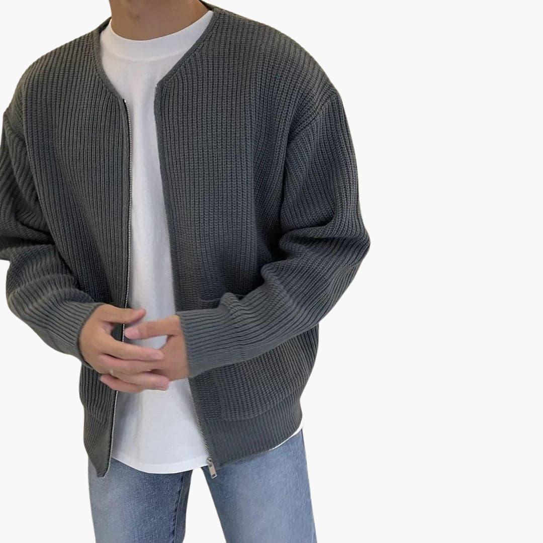 Men's zip cardigan in chunky rib knit, collarless crew neck and two patch pockets, 5 colours, sizes XS to 3XL