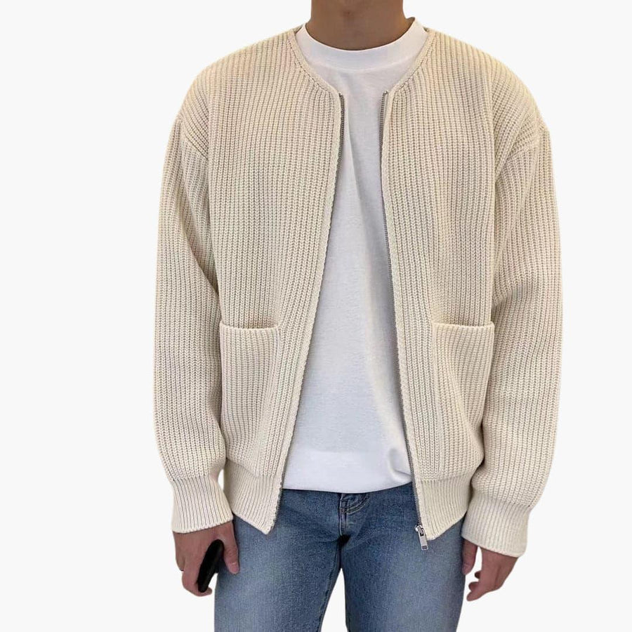 Men's zip cardigan in chunky rib knit, collarless crew neck and two patch pockets, 5 colours, sizes XS to 3XL