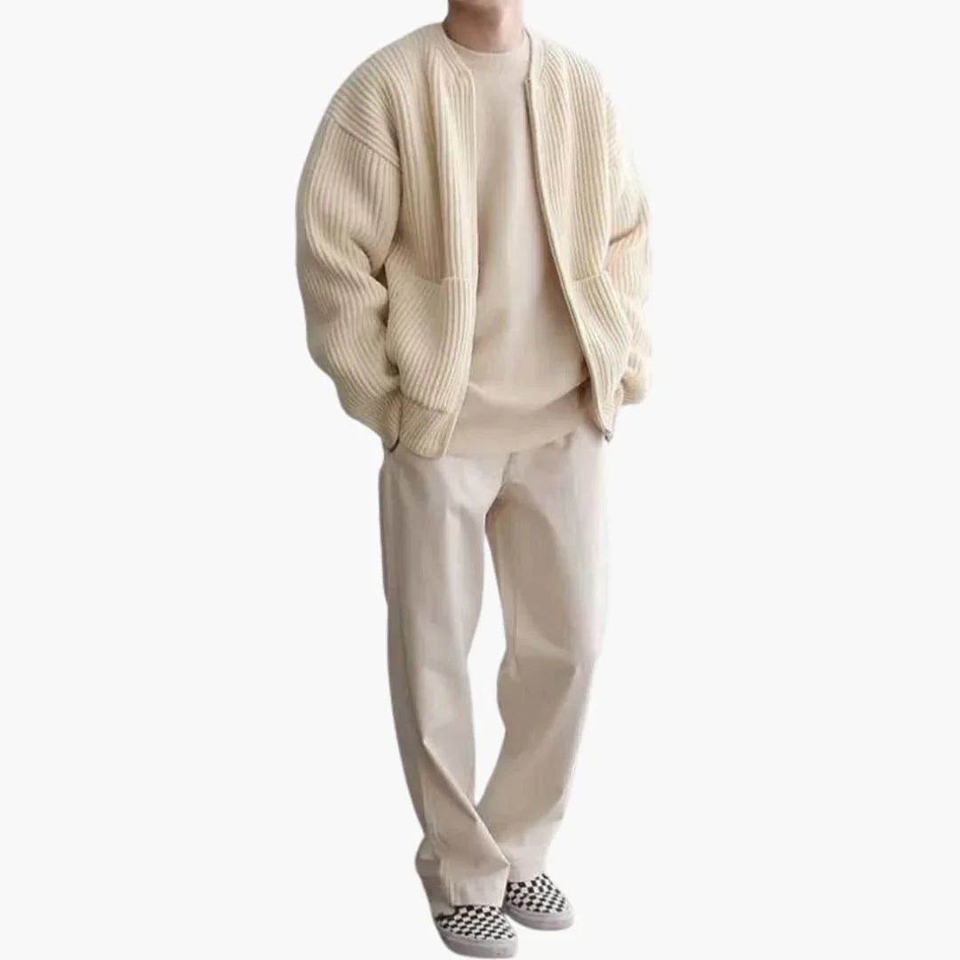 Men's zip cardigan in chunky rib knit, collarless crew neck and two patch pockets, 5 colours, sizes XS to 3XL