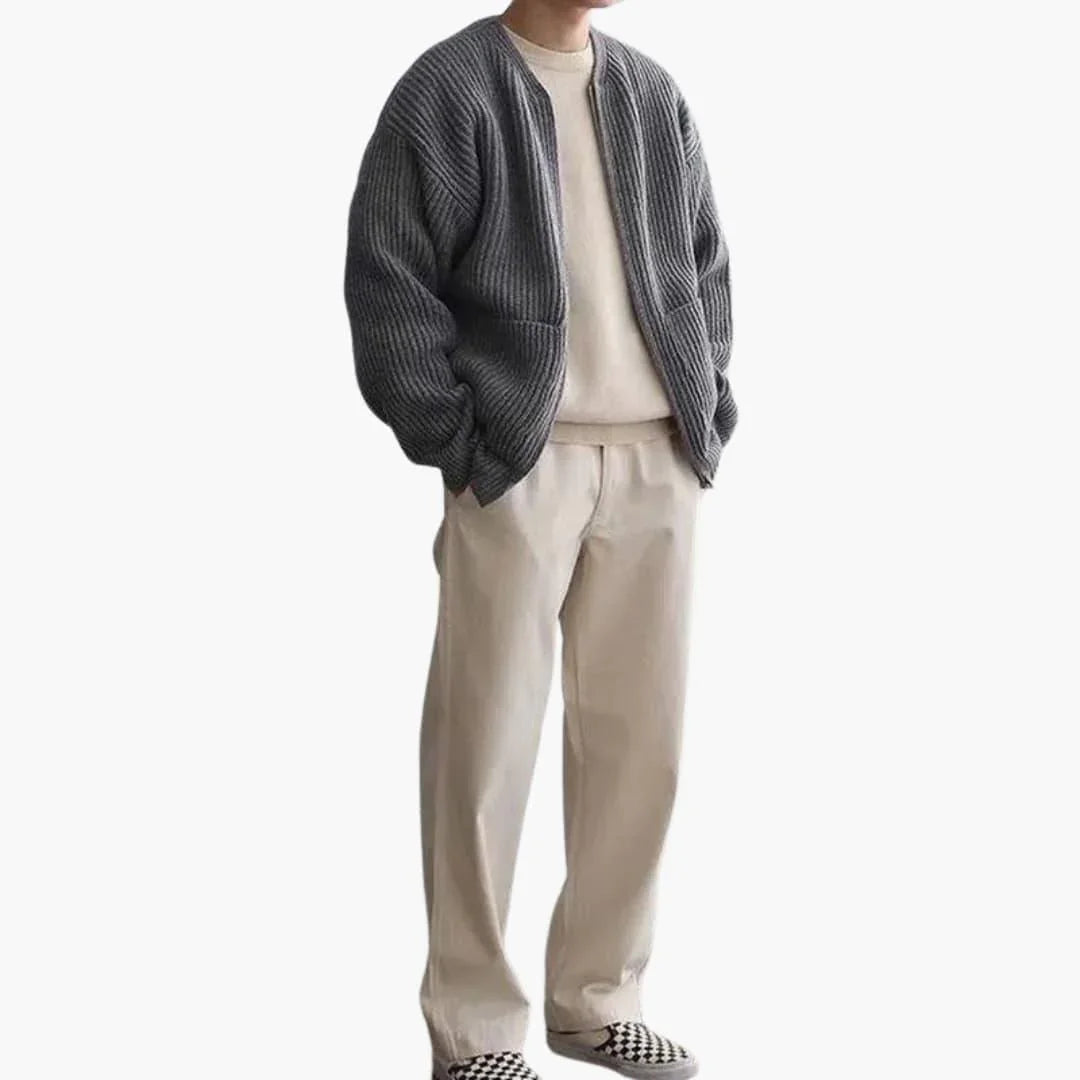 Men's zip cardigan in chunky rib knit, collarless crew neck and two patch pockets, 5 colours, sizes XS to 3XL