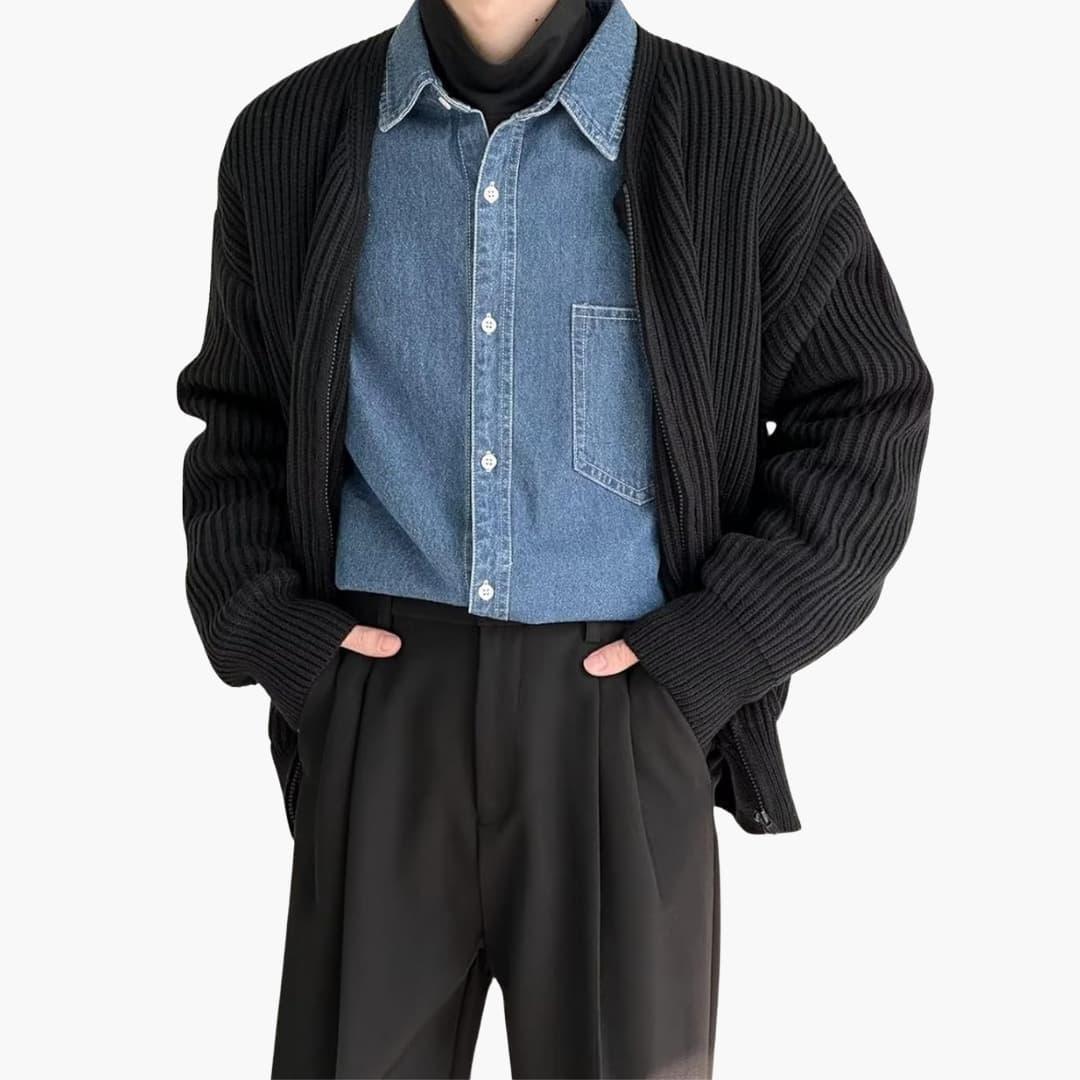 Men's zip cardigan in chunky rib knit, collarless crew neck and two patch pockets, 5 colours, sizes XS to 3XL