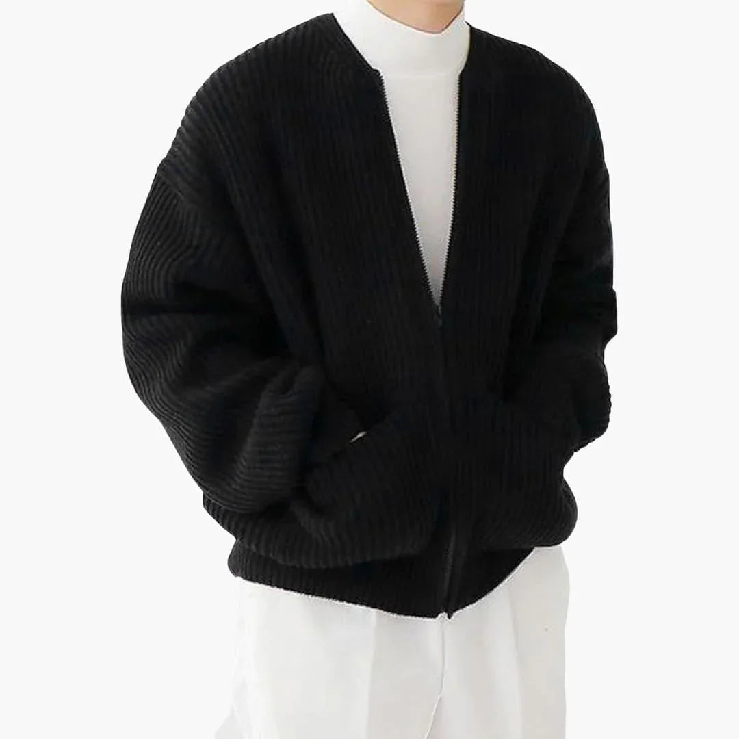 Men's zip cardigan in chunky rib knit, collarless crew neck and two patch pockets, 5 colours, sizes XS to 3XL