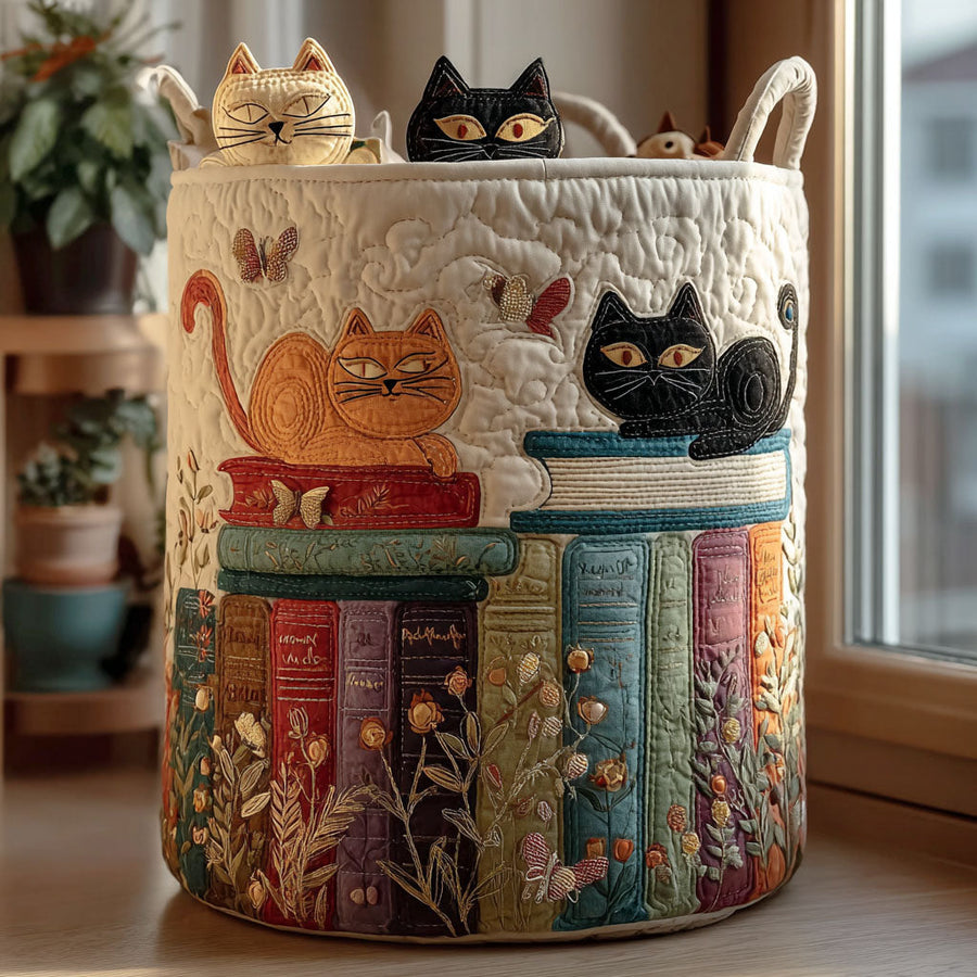 Cat & Books - Handcrafted Laundry Basket