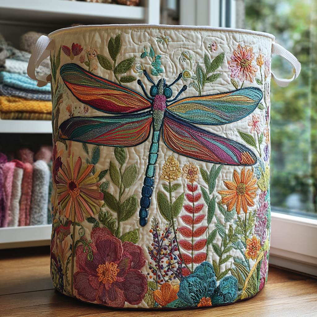 Dragonfly & Flowers - Handcrafted Laundry Basket