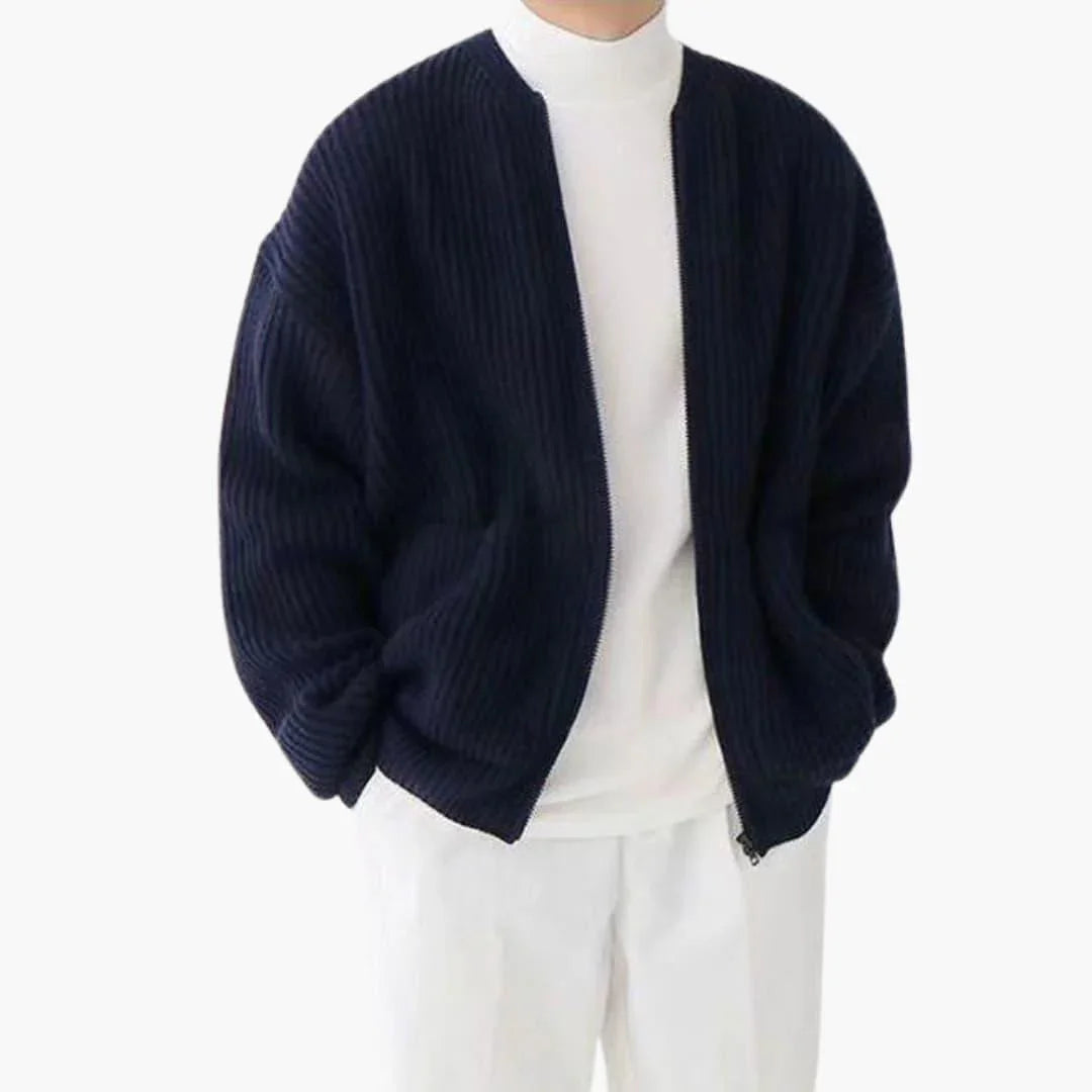 Men's zip cardigan in chunky rib knit, collarless crew neck and two patch pockets, 5 colours, sizes XS to 3XL