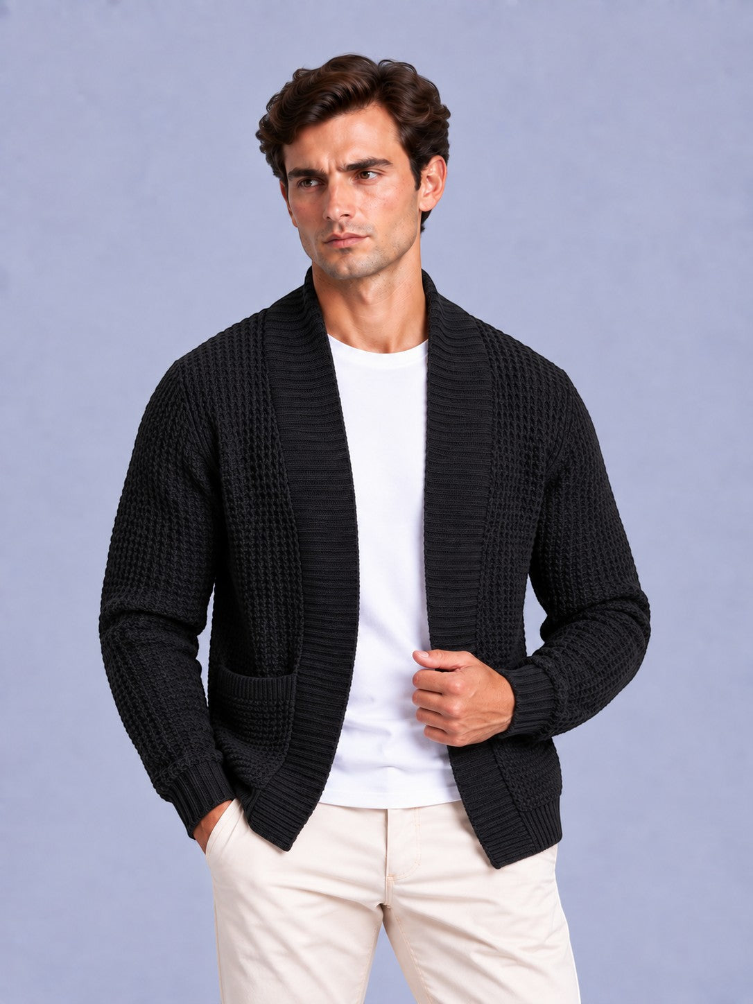 Jorvalore | Men’s Open-Front Chunky Knit Cardigan Jumper – Shawl Collar Pocket Knitwear