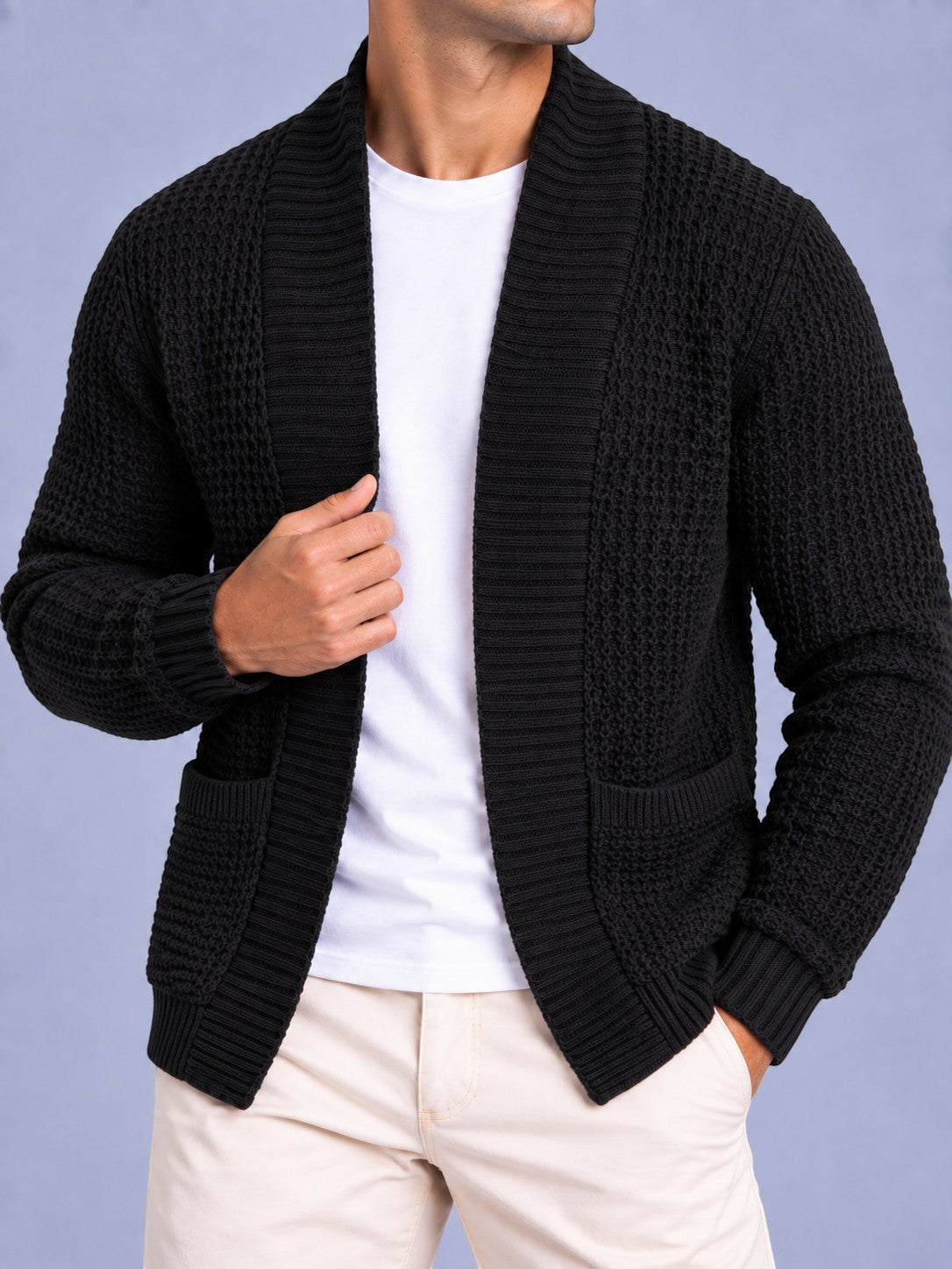 Jorvalore | Men’s Open-Front Chunky Knit Cardigan Jumper – Shawl Collar Pocket Knitwear
