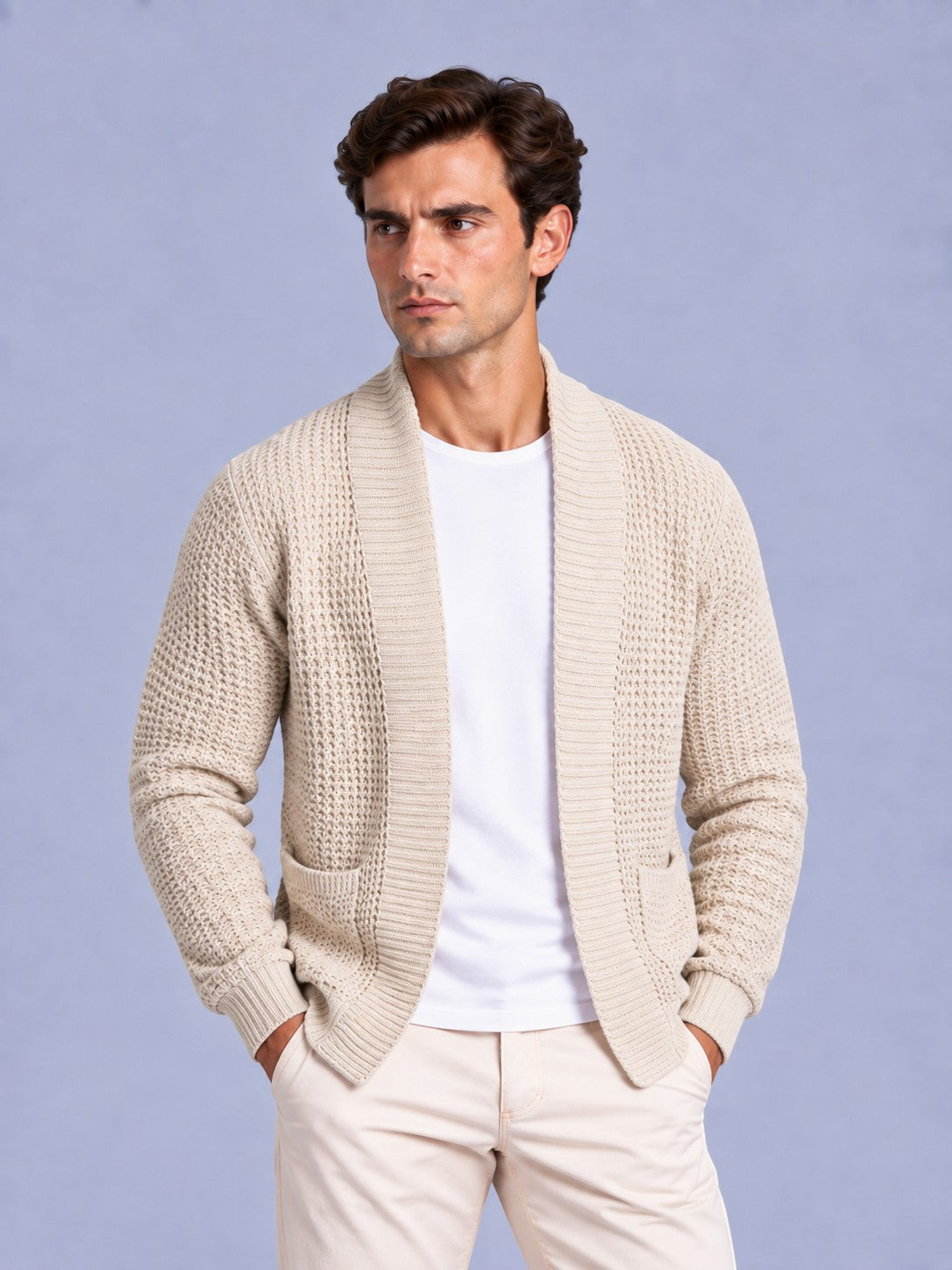 Jorvalore | Men’s Open-Front Chunky Knit Cardigan Jumper – Shawl Collar Pocket Knitwear