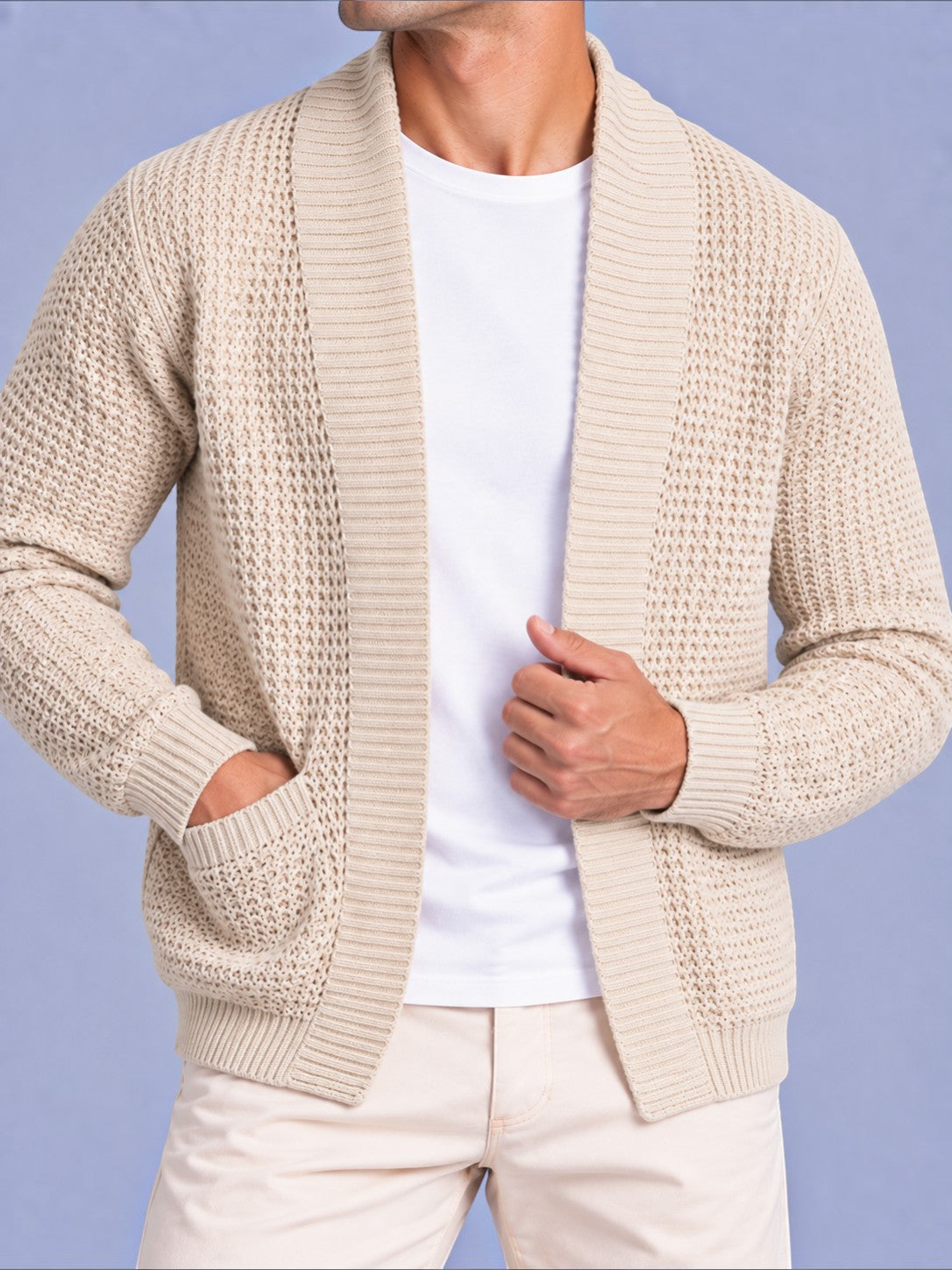 Jorvalore | Men’s Open-Front Chunky Knit Cardigan Jumper – Shawl Collar Pocket Knitwear