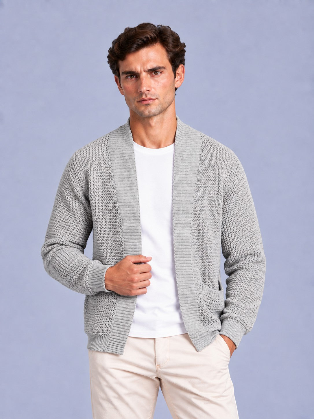 Jorvalore | Men’s Open-Front Chunky Knit Cardigan Jumper – Shawl Collar Pocket Knitwear