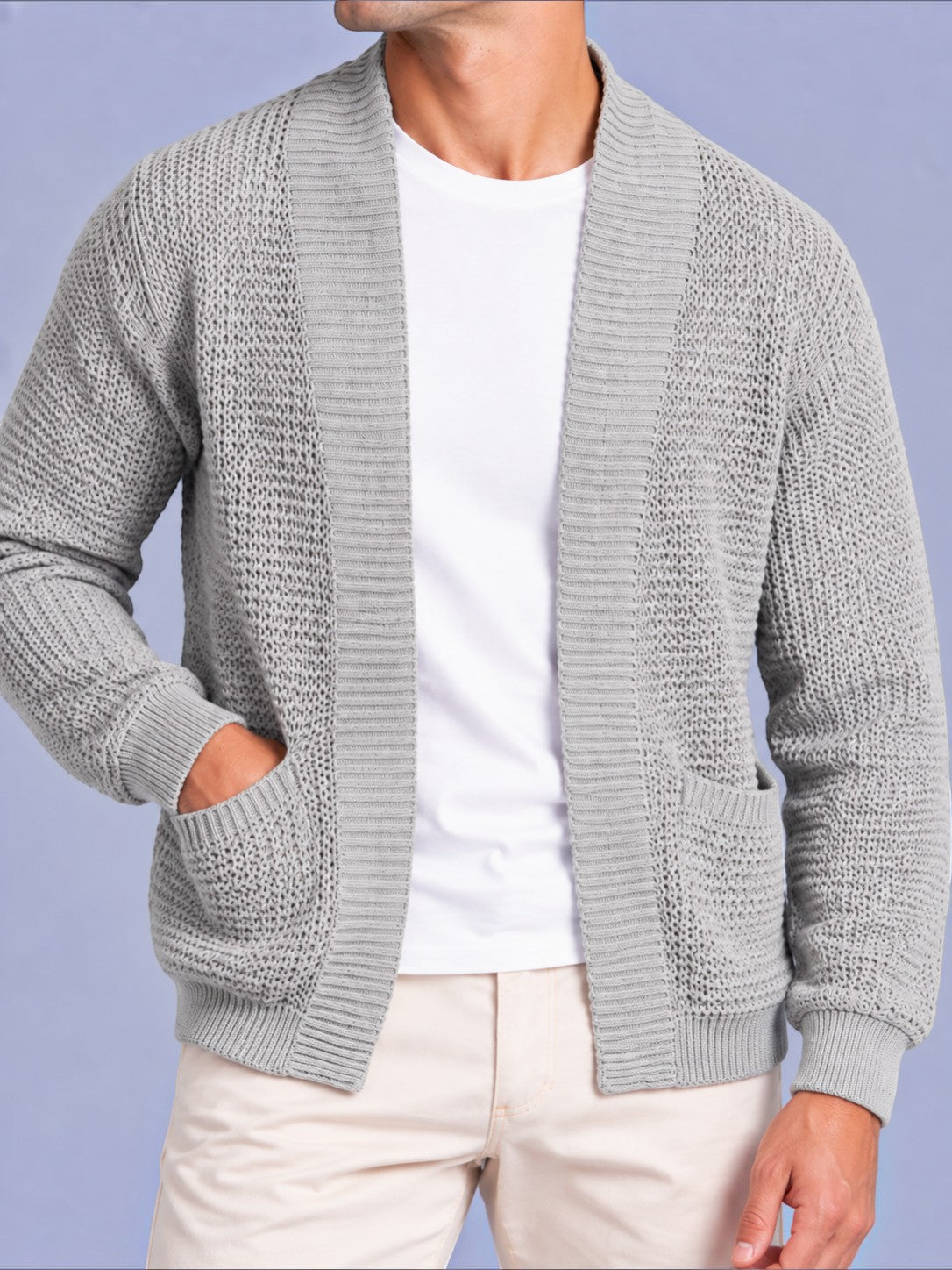Jorvalore | Men’s Open-Front Chunky Knit Cardigan Jumper – Shawl Collar Pocket Knitwear