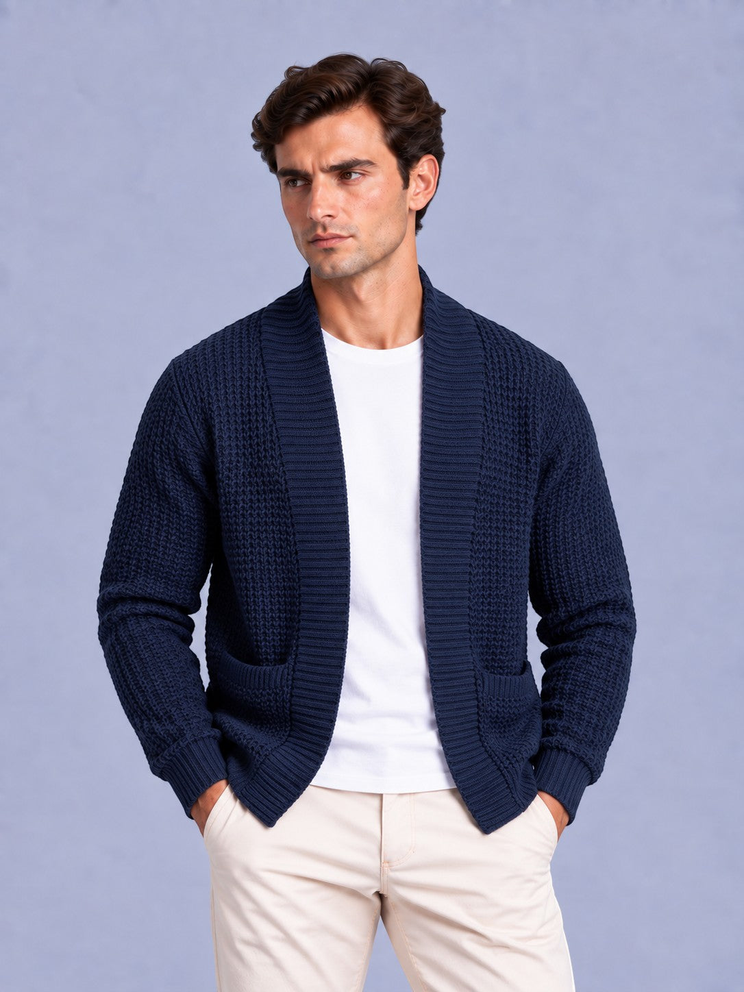 Jorvalore | Men’s Open-Front Chunky Knit Cardigan Jumper – Shawl Collar Pocket Knitwear