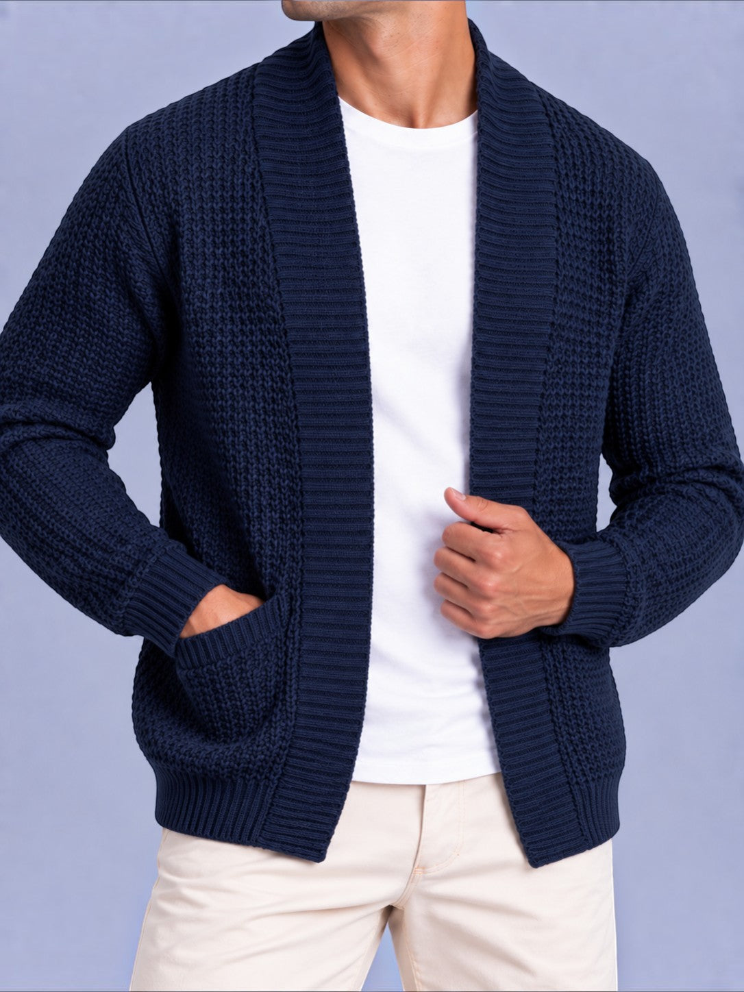 Jorvalore | Men’s Open-Front Chunky Knit Cardigan Jumper – Shawl Collar Pocket Knitwear
