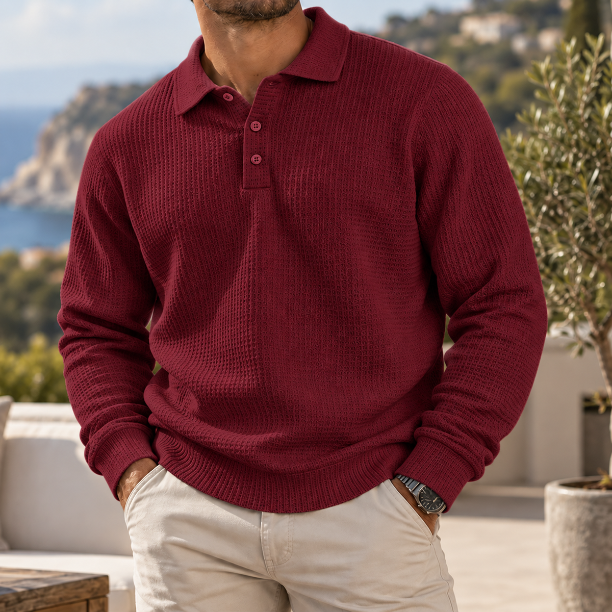 Men's Heritage Waffle Knit Polo Sweater Long Sleeve Casual Pullover