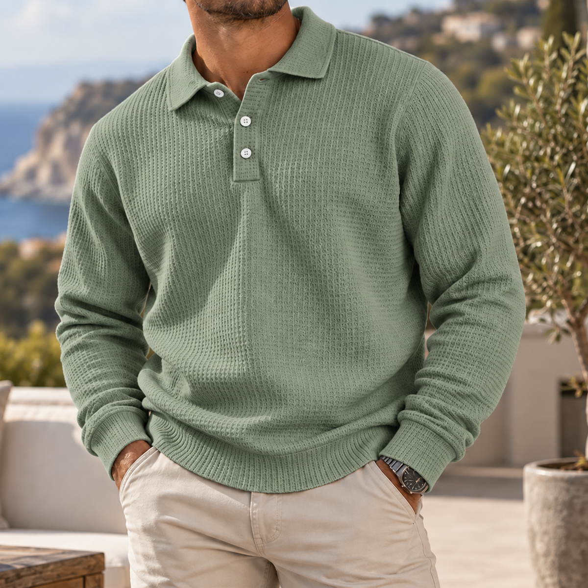 Men's Heritage Waffle Knit Polo Sweater Long Sleeve Casual Pullover