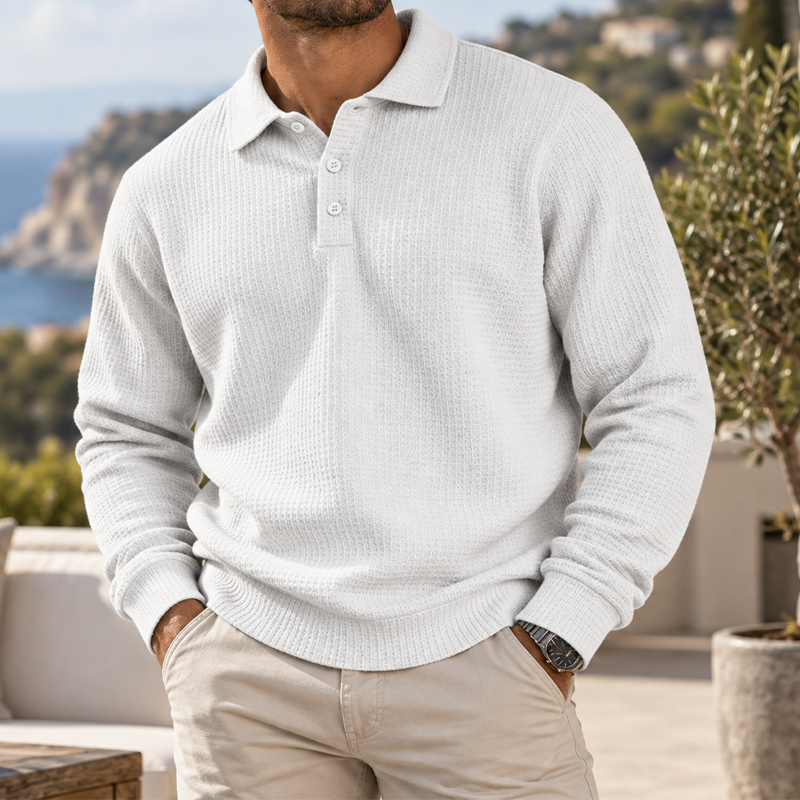 Men's Heritage Waffle Knit Polo Sweater Long Sleeve Casual Pullover