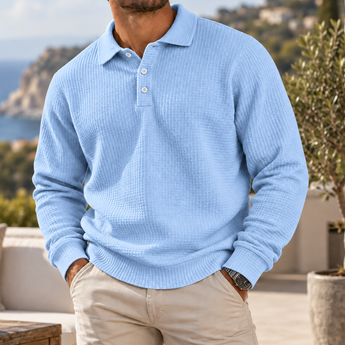 Men's Heritage Waffle Knit Polo Sweater Long Sleeve Casual Pullover