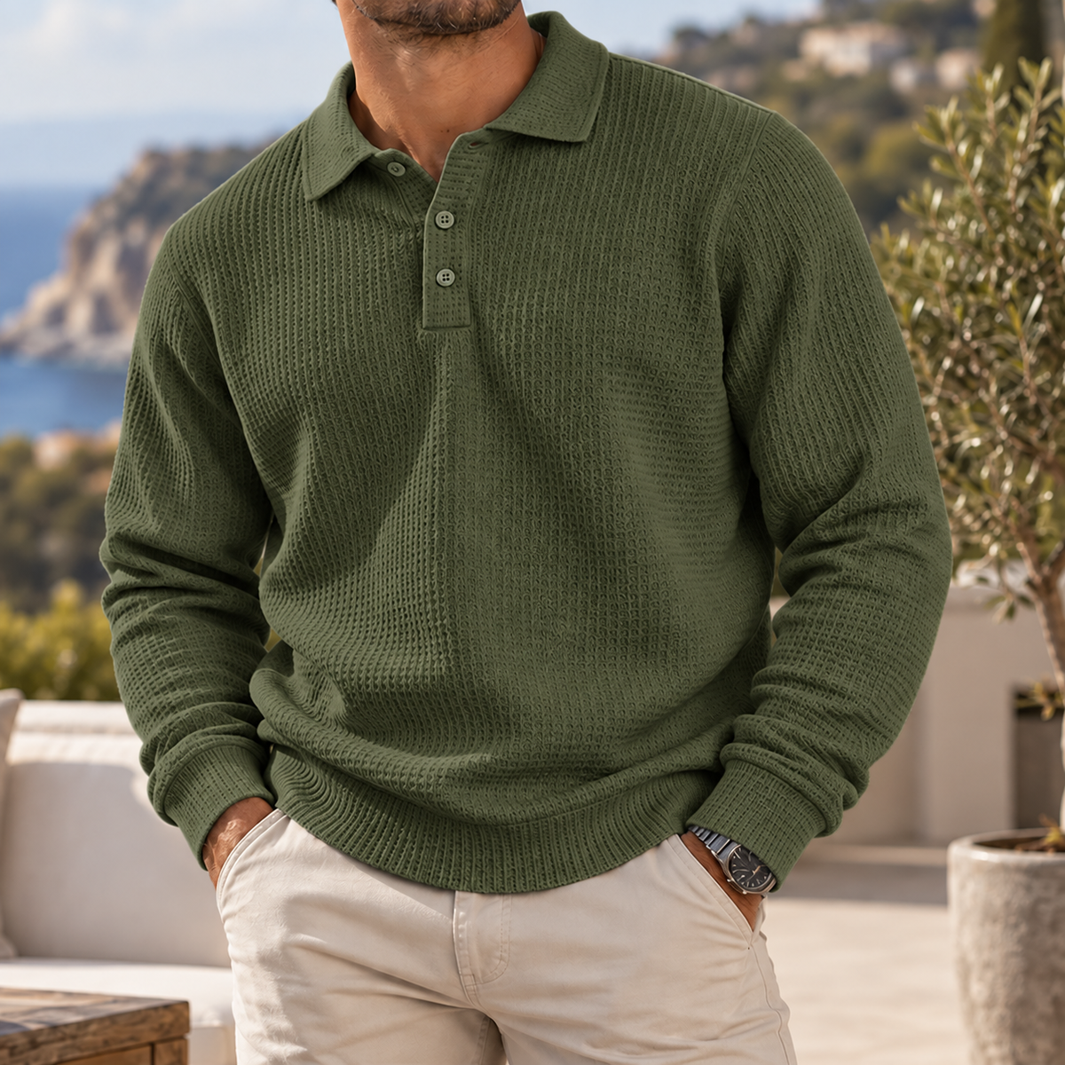 Men's Heritage Waffle Knit Polo Sweater Long Sleeve Casual Pullover