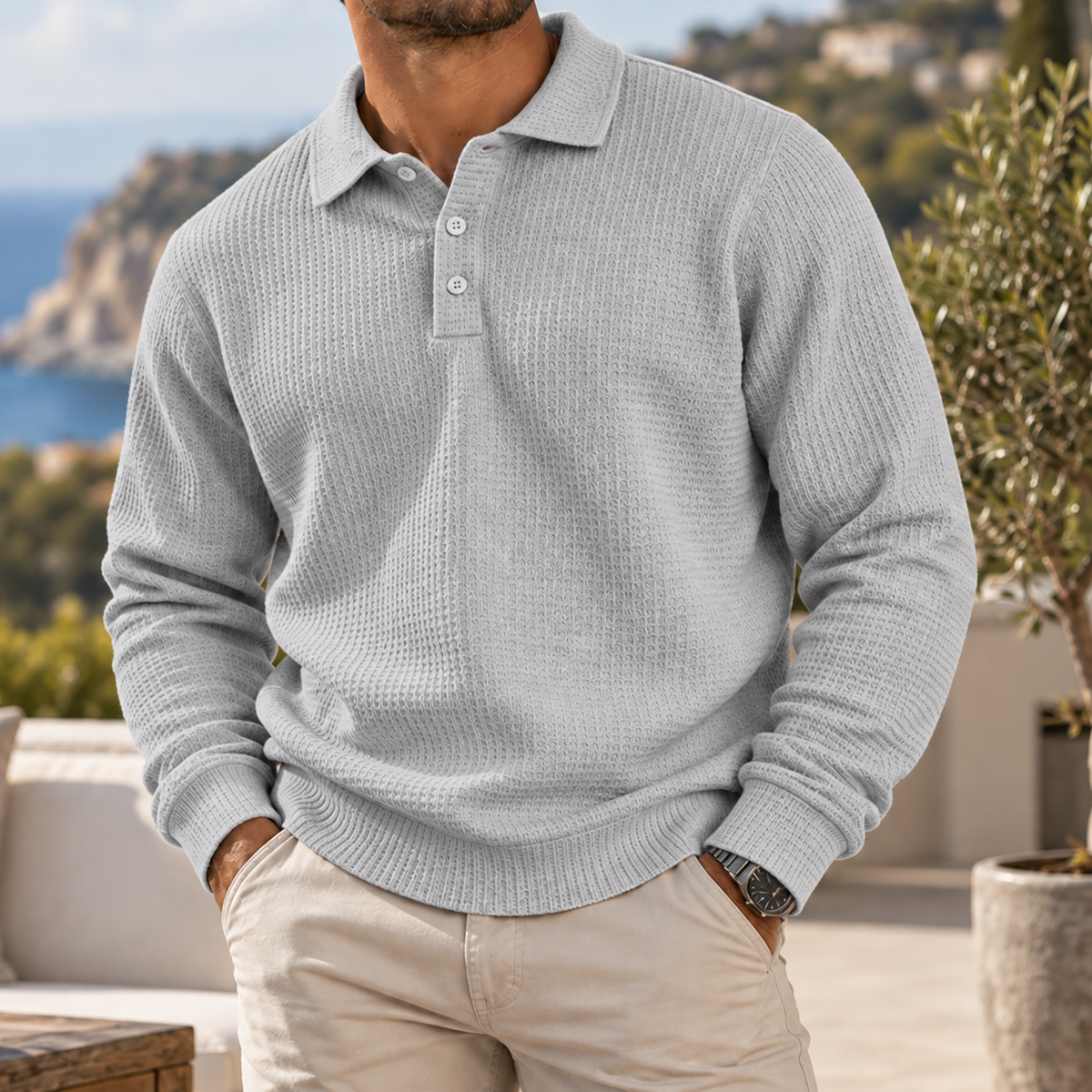 Men's Heritage Waffle Knit Polo Sweater Long Sleeve Casual Pullover