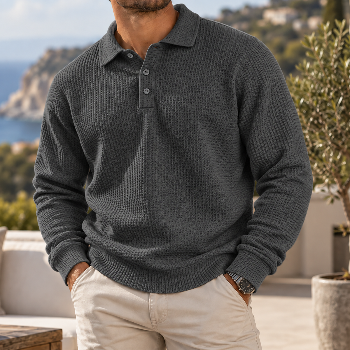 Men's Heritage Waffle Knit Polo Sweater Long Sleeve Casual Pullover