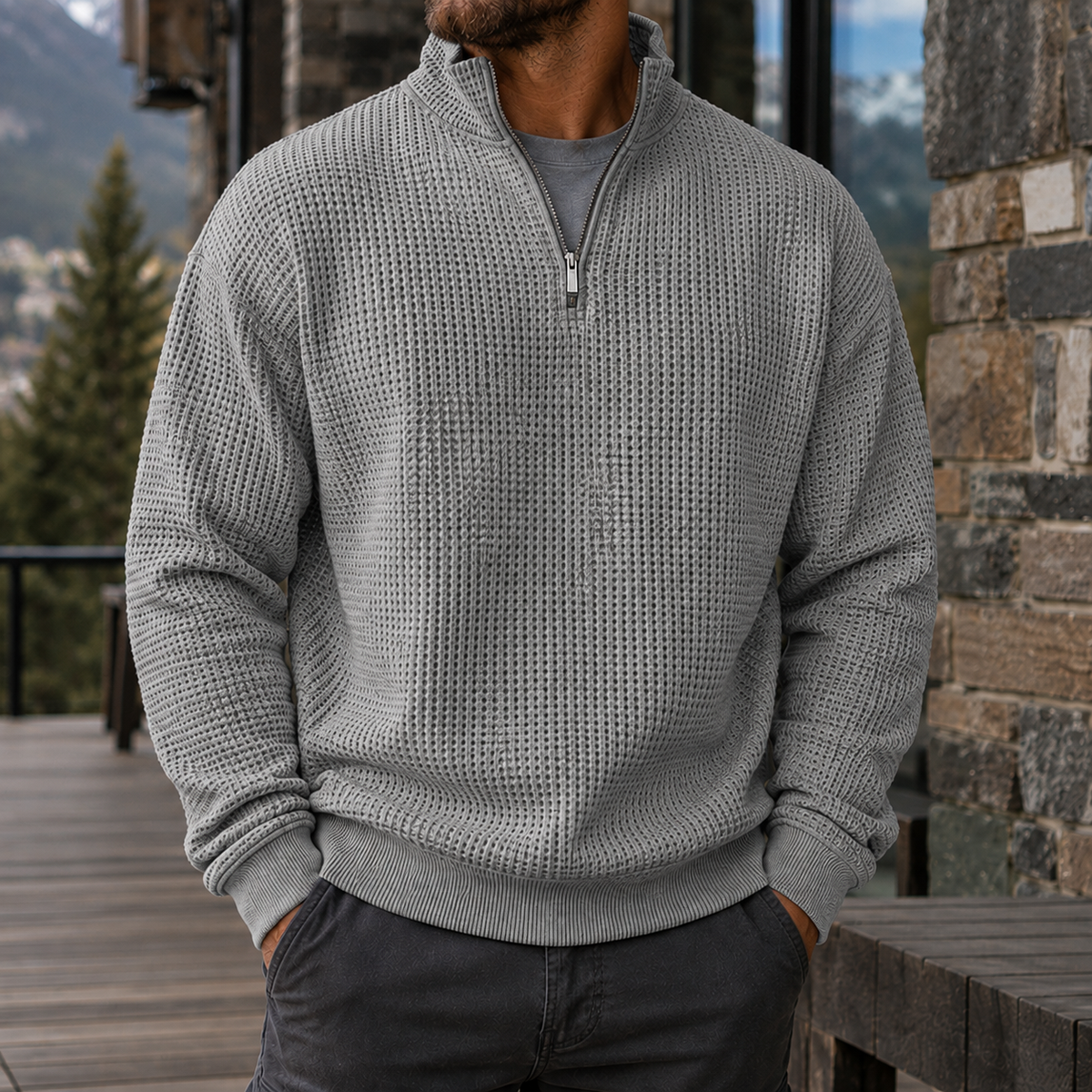 Men's Premium Waffle Knit Quarter Zip Sweater Outdoor Casual Pullover