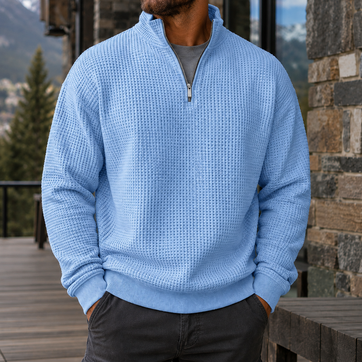 Men's Premium Waffle Knit Quarter Zip Sweater Outdoor Casual Pullover