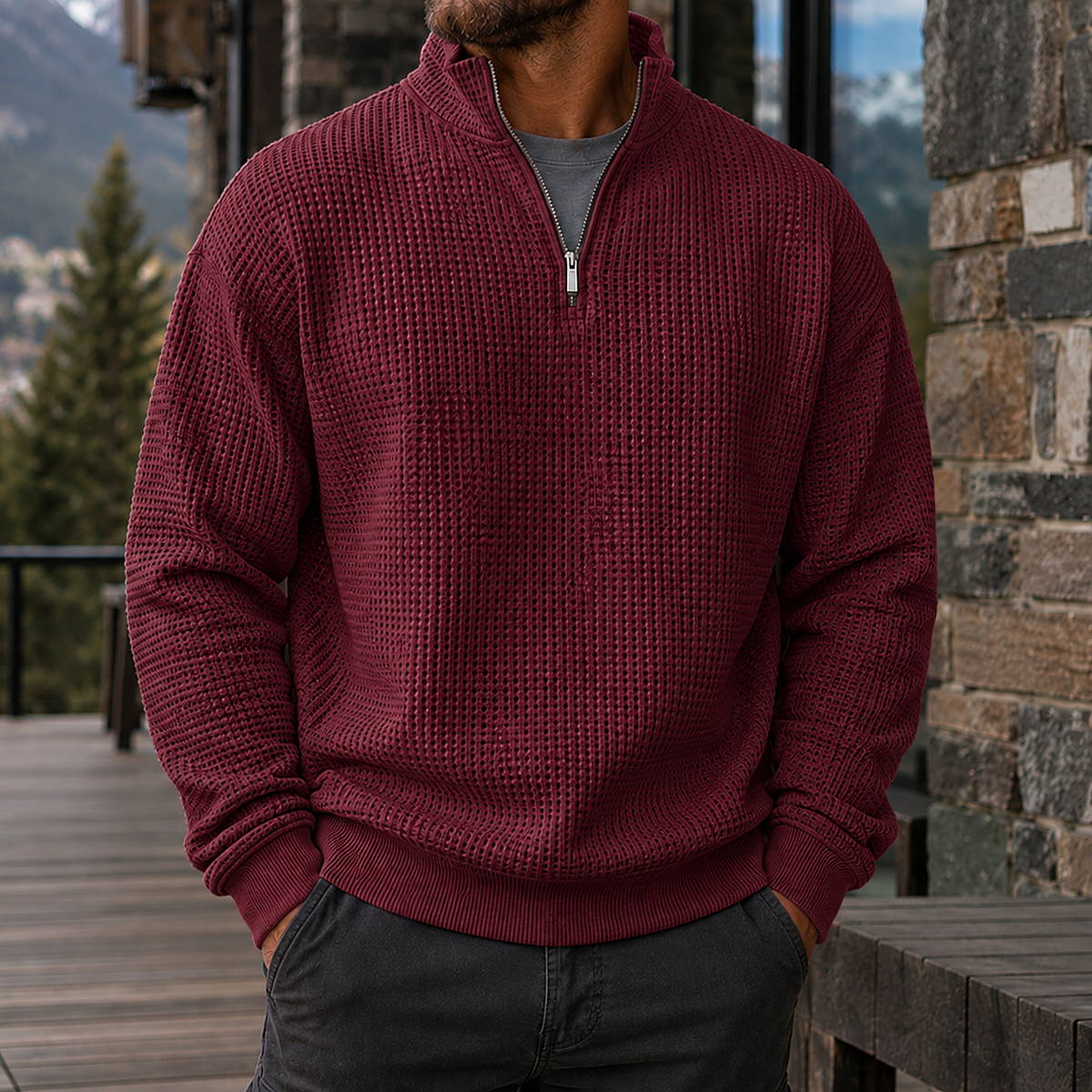 Men's Premium Waffle Knit Quarter Zip Sweater Outdoor Casual Pullover