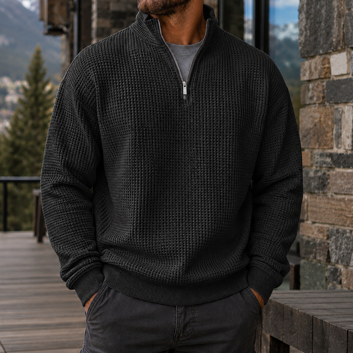 Men's Premium Waffle Knit Quarter Zip Sweater Outdoor Casual Pullover