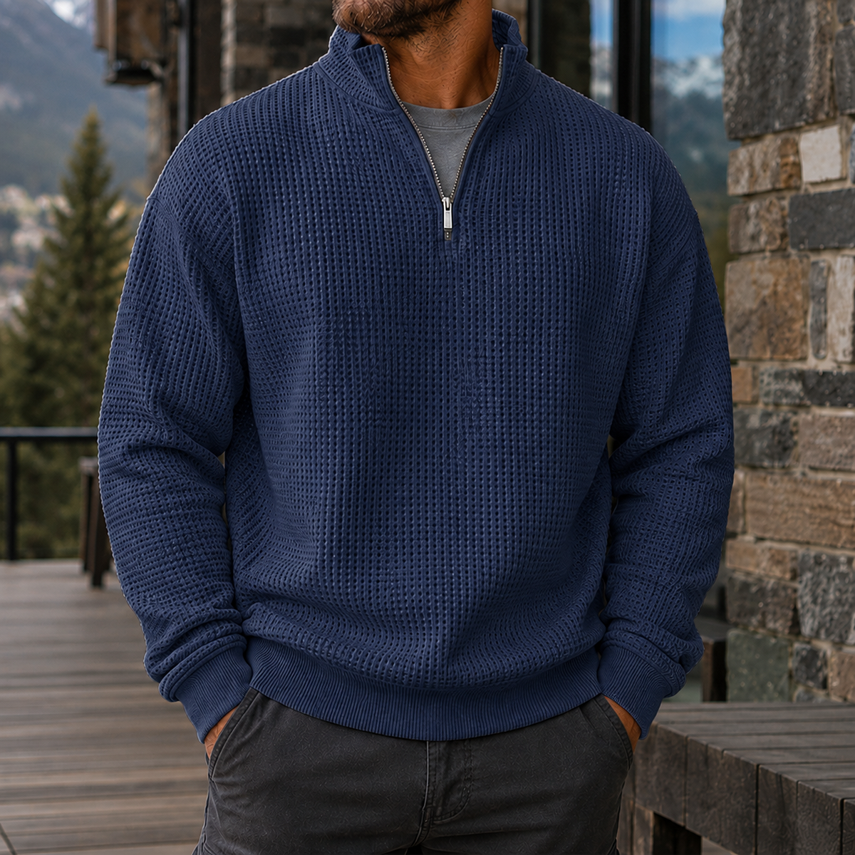 Men's Premium Waffle Knit Quarter Zip Sweater Outdoor Casual Pullover