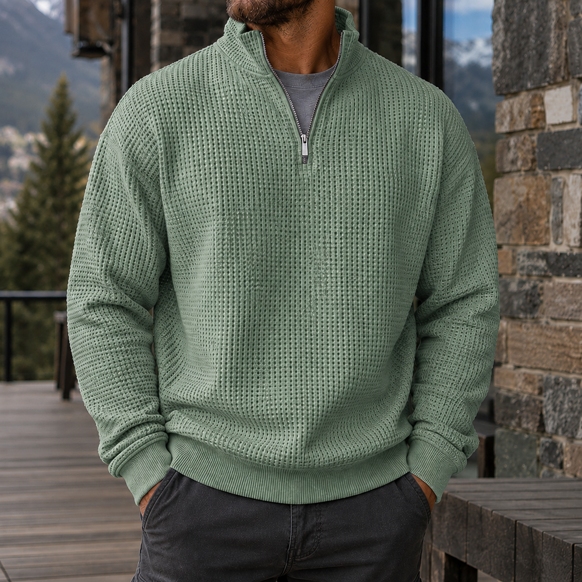 Men's Premium Waffle Knit Quarter Zip Sweater Outdoor Casual Pullover