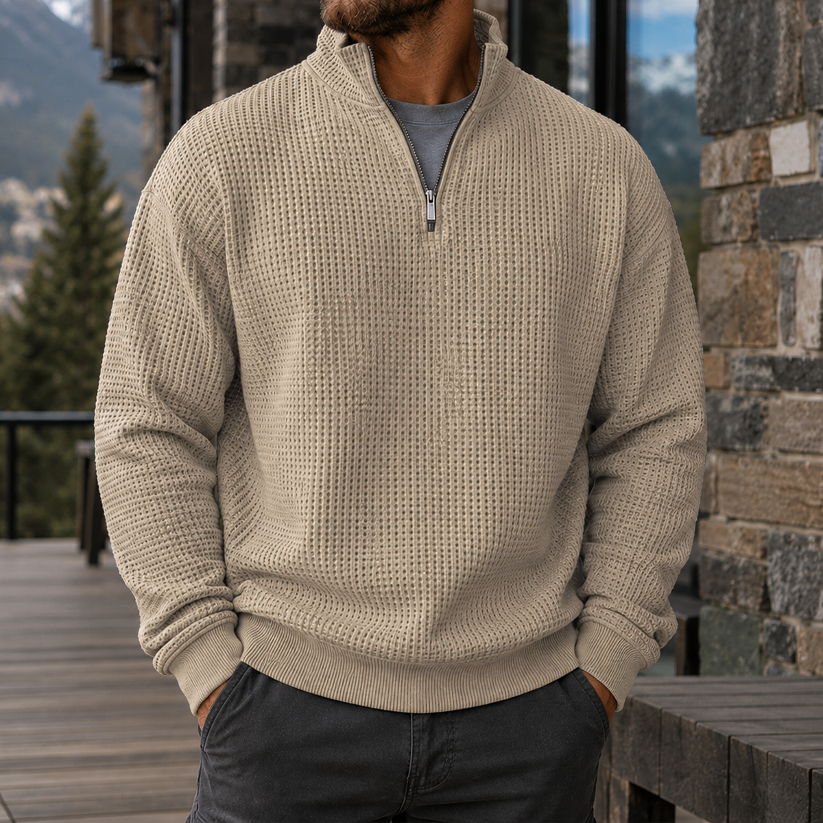 Men's Premium Waffle Knit Quarter Zip Sweater Outdoor Casual Pullover