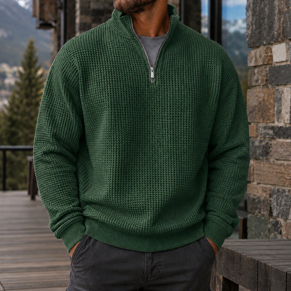 Men's Premium Waffle Knit Quarter Zip Sweater Outdoor Casual Pullover