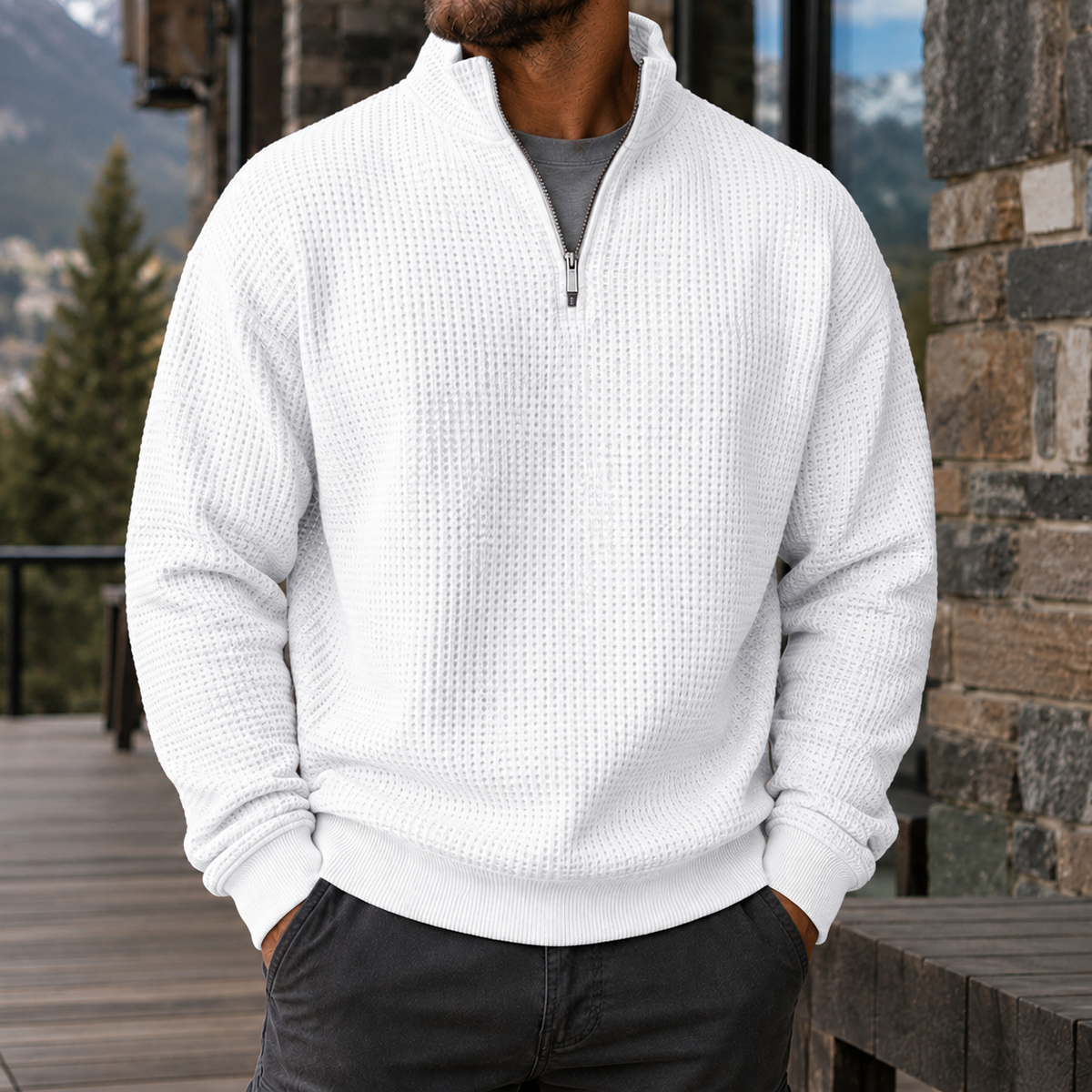 Men's Premium Waffle Knit Quarter Zip Sweater Outdoor Casual Pullover