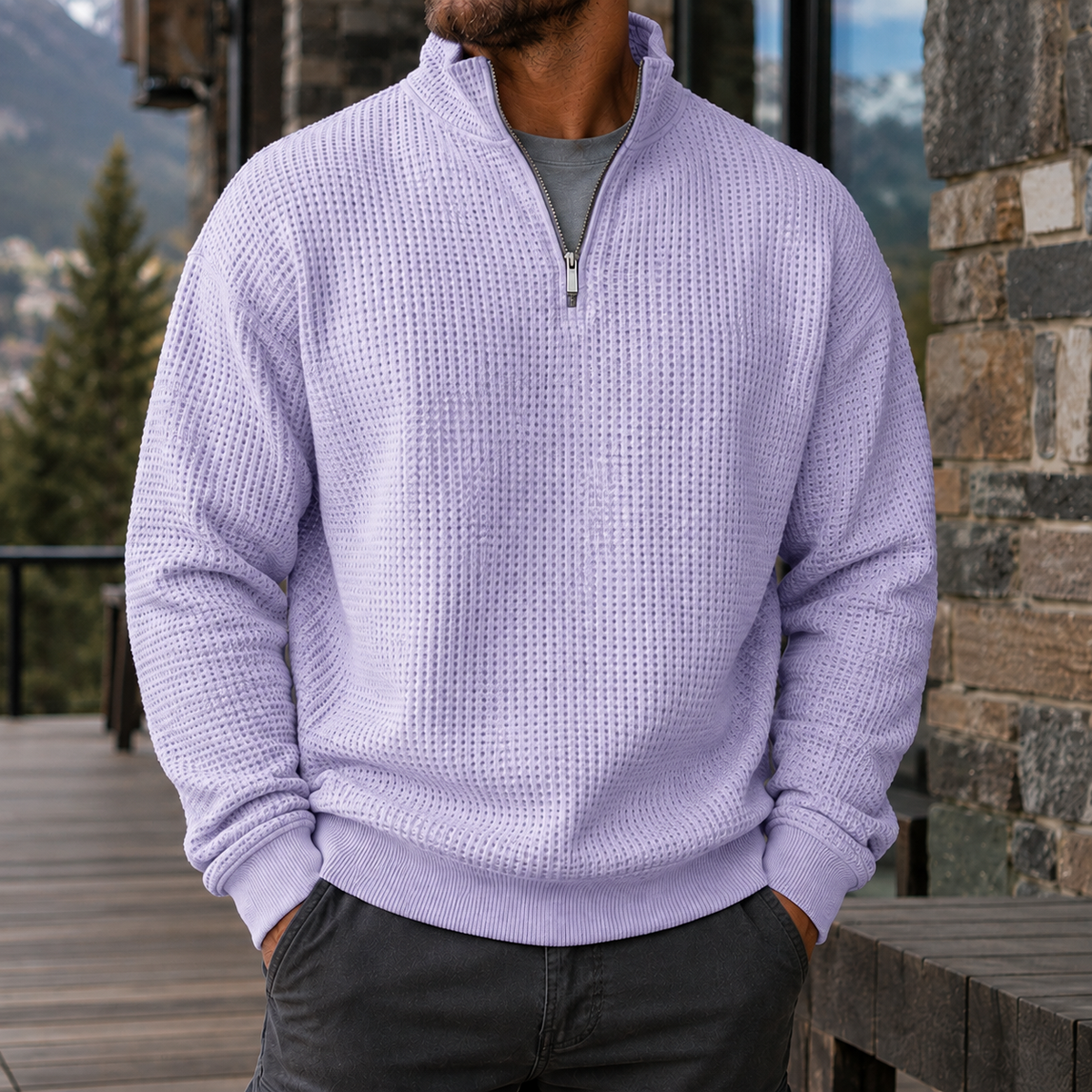 Men's Premium Waffle Knit Quarter Zip Sweater Outdoor Casual Pullover