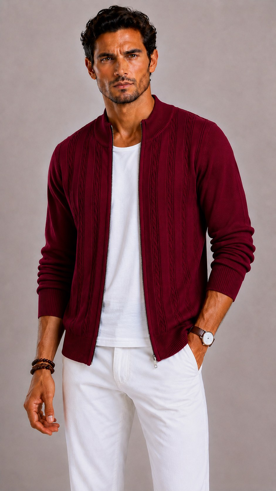 Men's Mock-Neck Cable Knit Wool Cardigan | The Thassos