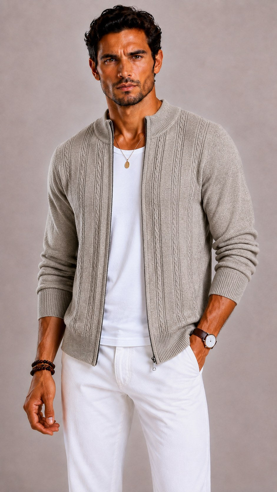 Men's Mock-Neck Cable Knit Wool Cardigan | The Thassos
