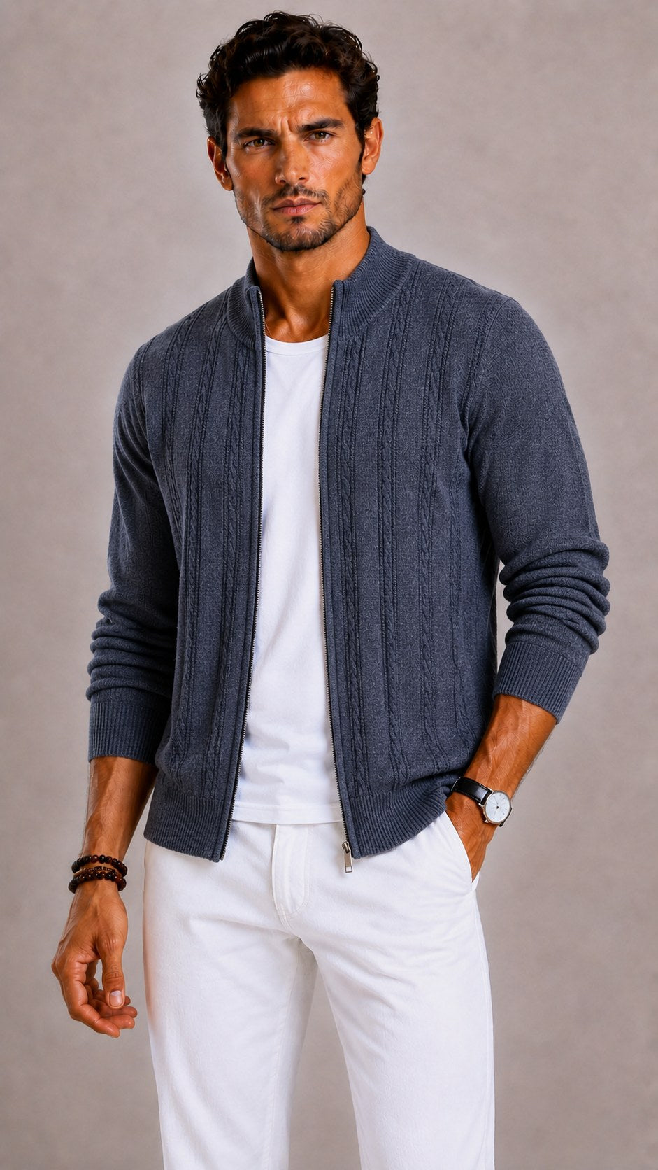 Men's Mock-Neck Cable Knit Wool Cardigan | The Thassos