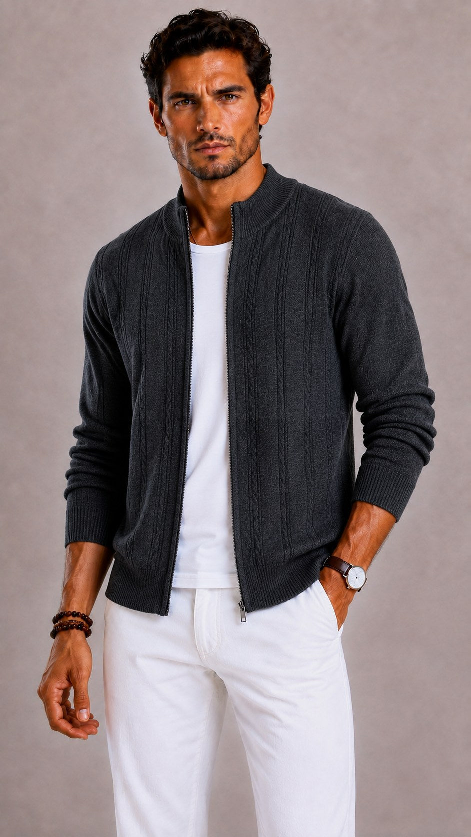 Men's Mock-Neck Cable Knit Wool Cardigan | The Thassos