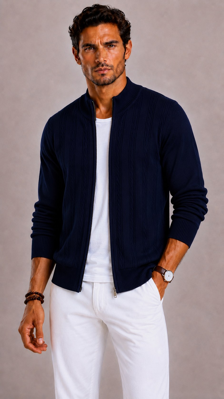 Men's Mock-Neck Cable Knit Wool Cardigan | The Thassos