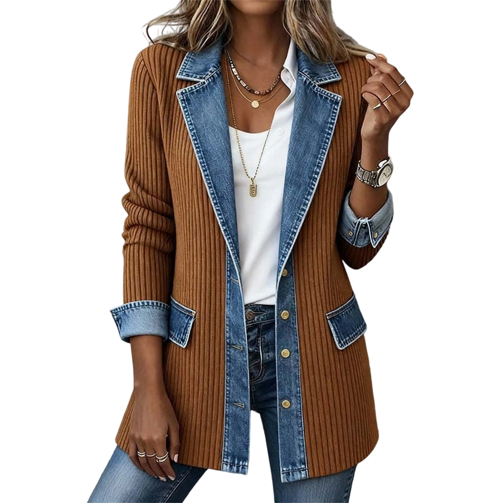 Marlowe | Denim-Trim Ribbed Knit Jacket