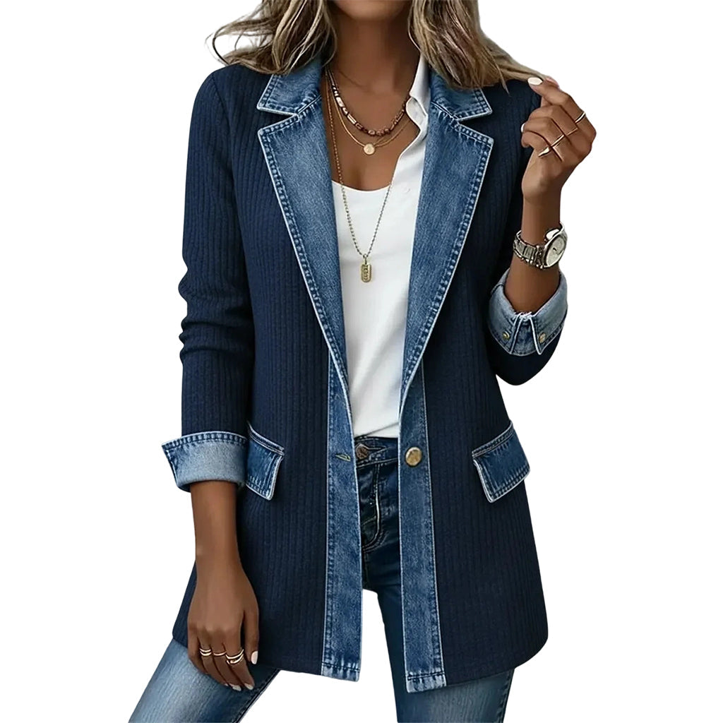 Marlowe | Denim-Trim Ribbed Knit Jacket