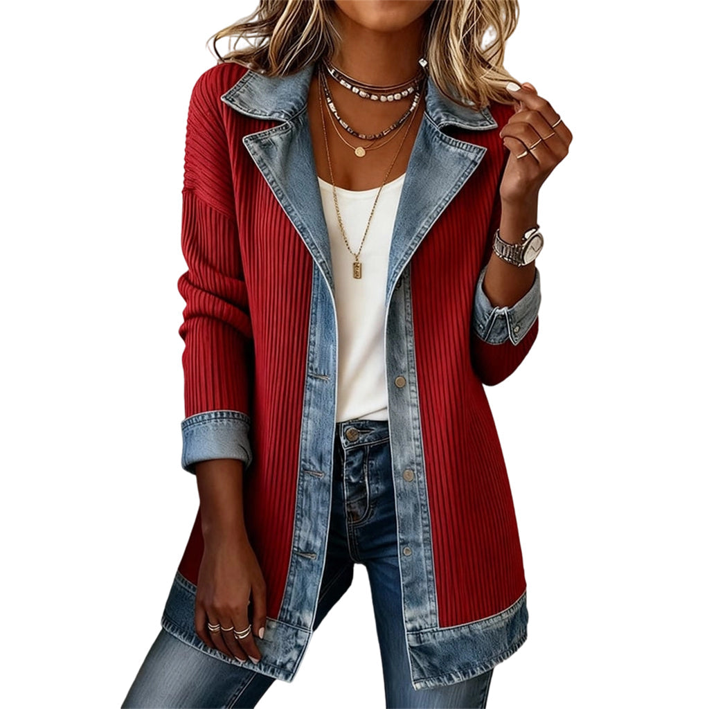 Marlowe | Denim-Trim Ribbed Knit Jacket