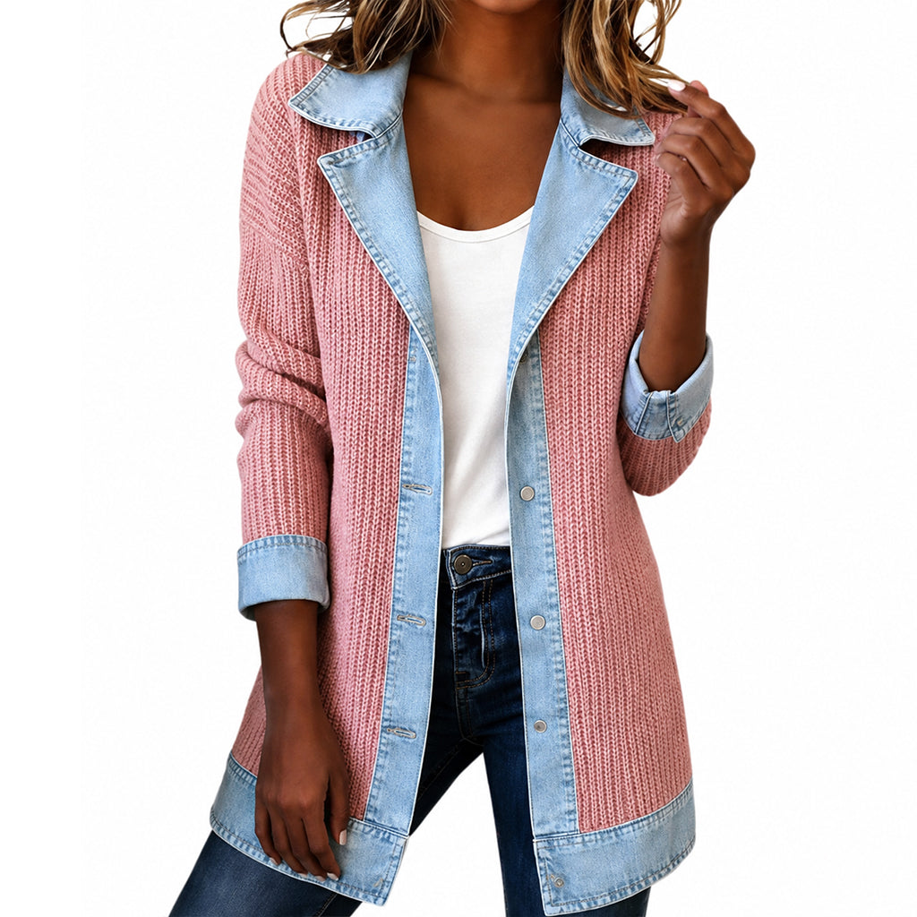 Marlowe | Denim-Trim Ribbed Knit Jacket