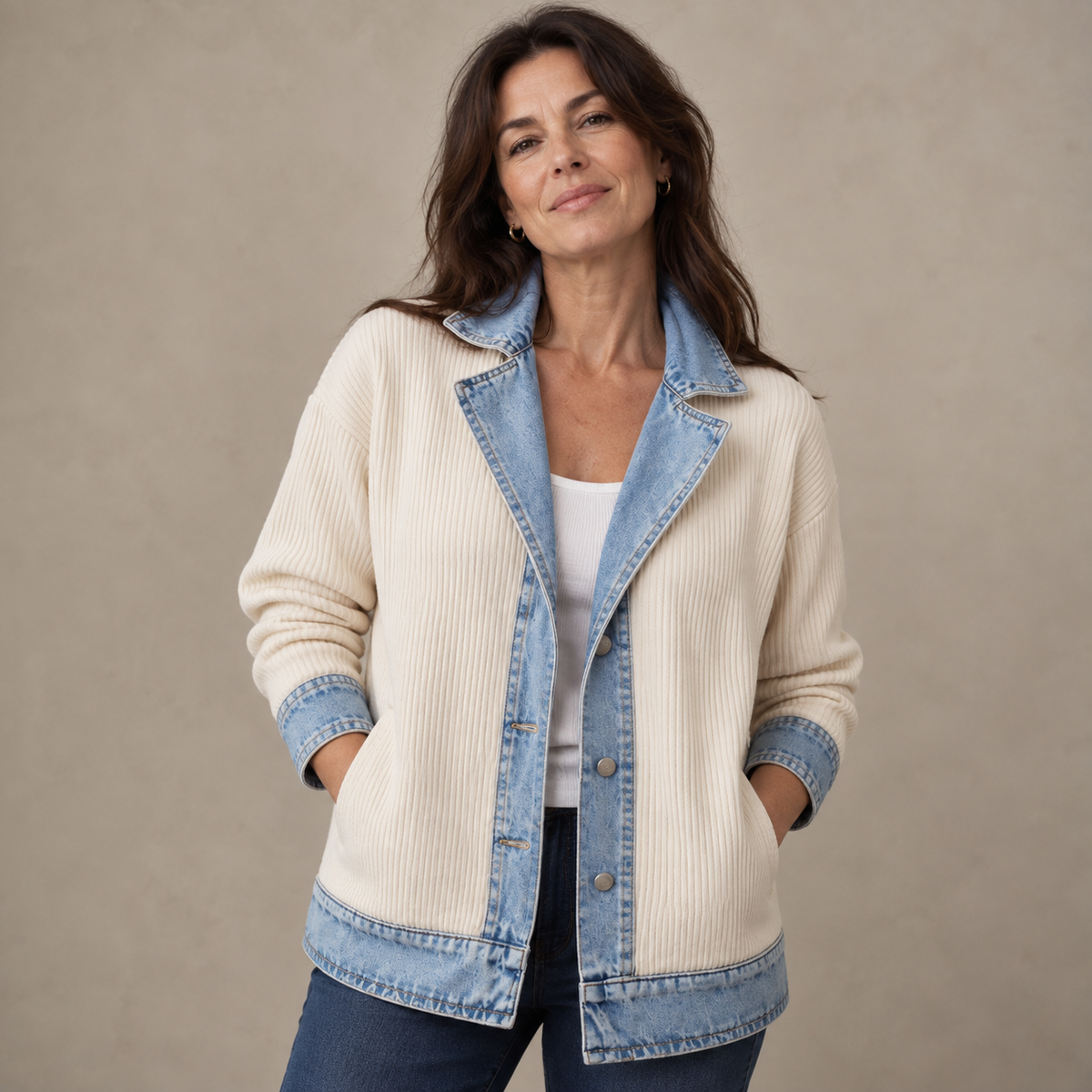 Marlowe | Denim-Trim Ribbed Knit Jacket